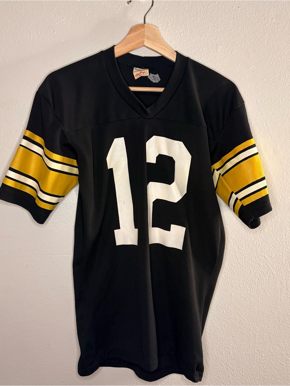 1970’s Men's Black Number 12 Athletic Jersey with Yellow Sleeve Stripes